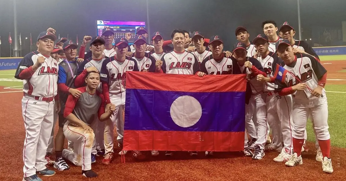 Laos National Baseball Team with the Lao flag